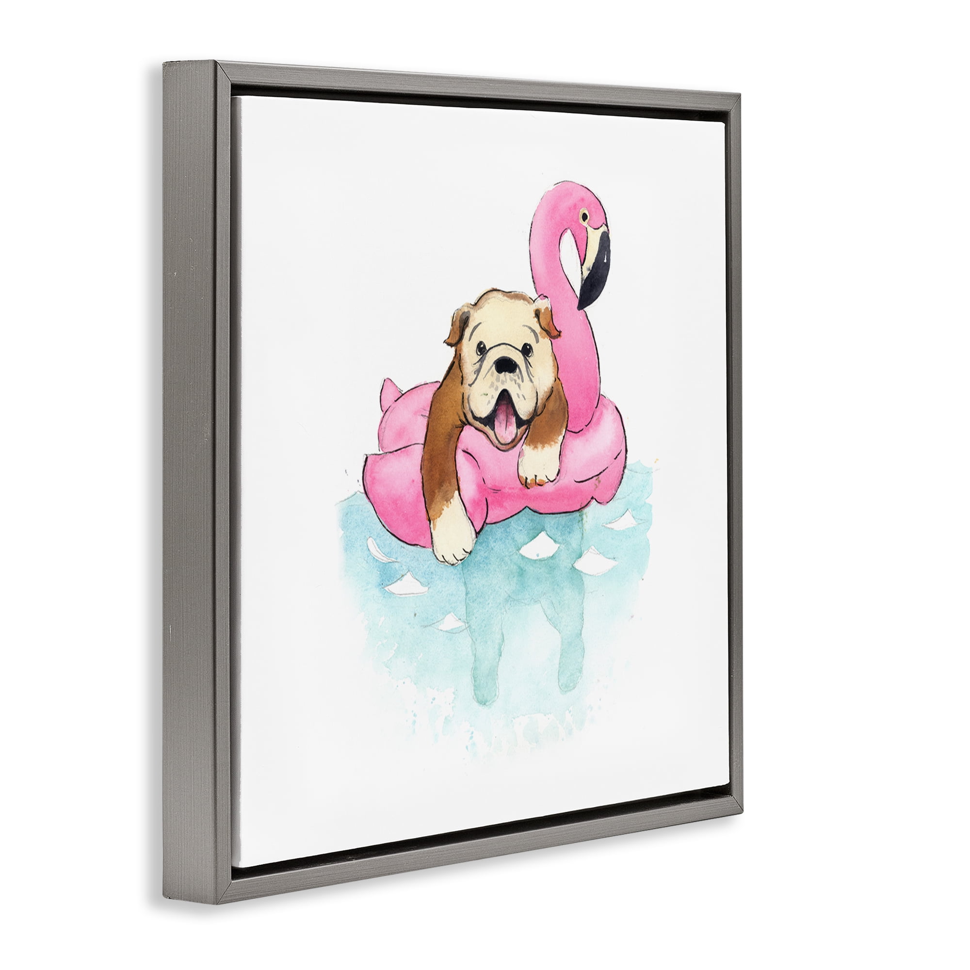 Stupell Industries Bulldog in Pool Float Animals Painting Gray Floater Framed Canvas Art Print Wall Art, 25 x 25