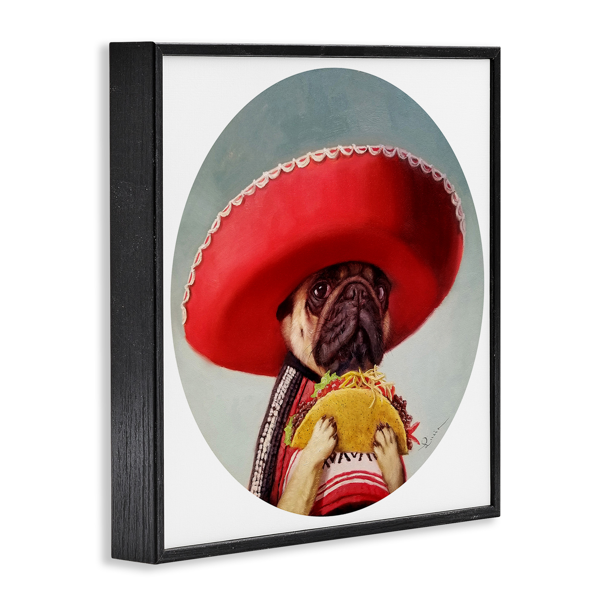 Stupell Industries Pug in Sombrero with Taco Animals & Insects Painting Black Framed Art Print Wall Art, 24 x 24