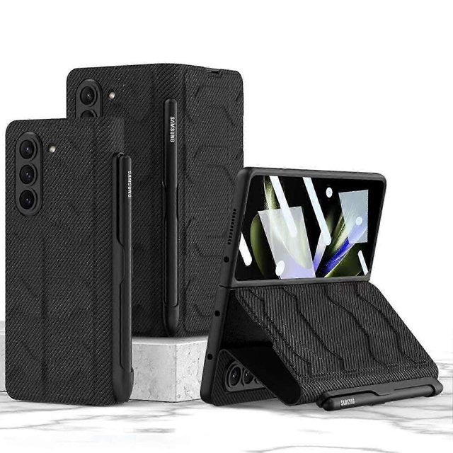 Leather Case for Z Fold 5 Case with S Pen Holder + Screen Protector, Hinge Protection Cover Case Fold 5 5G Case Stand