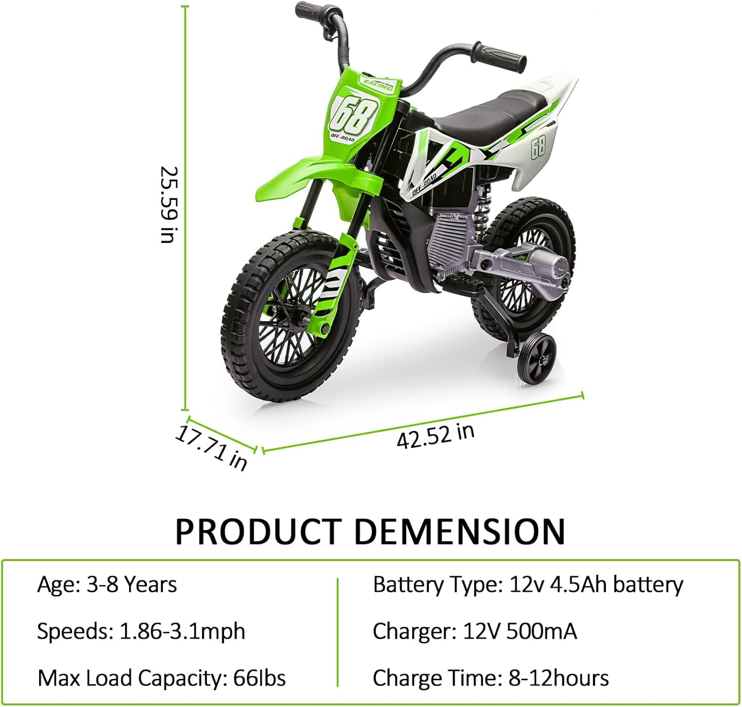 Trilenars 12V Electric Bike in Green with Training Wheels,Green