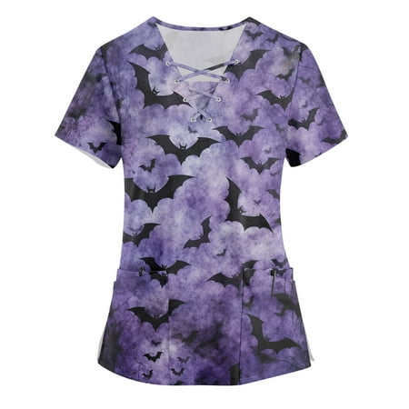

PURJKPU Halloween Womens Scrub Tops Stretchy Breathable Nurse Uniforms Bat Patterned T-Shirts Short Sleeve Tee Tops Criss Cross V-Neck Shirts with Pockets Purple 4XL
