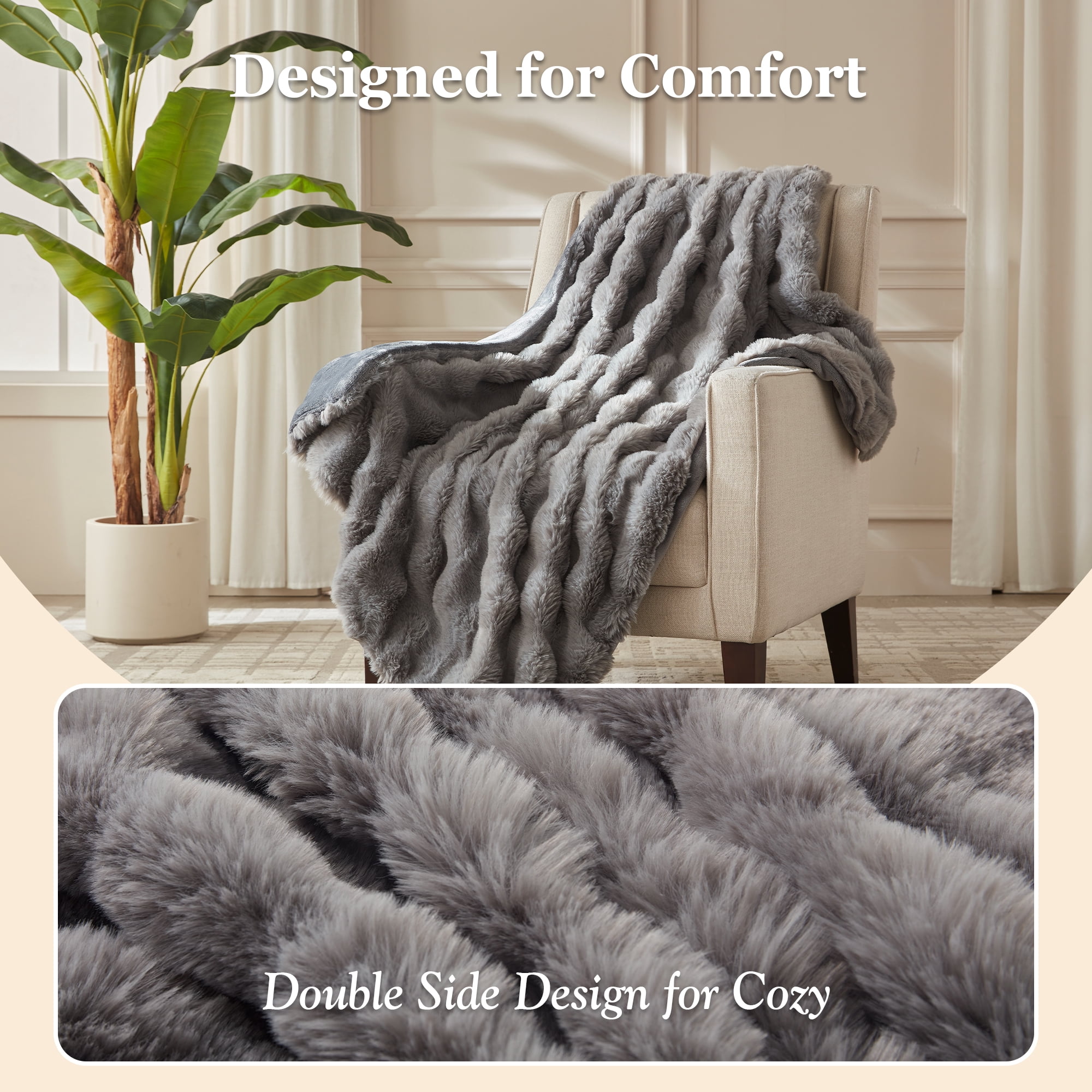 COZY@HOME Heated Blanket,Plush Thick Faux Fur Throw Size 50"x60", London Grey, 5-Min Fast Heating 6 Heating Levels & 4 Hours Auto-Off, Machine Washable