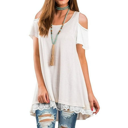 Lace Shoulder Button - DYMADE Women's Short Sleeve Cold Shoulder Tops Lace Scoop Neck Flowy Solid Tunic Blouse