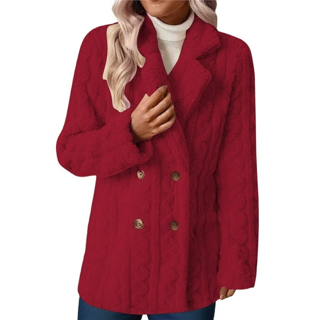 Abrigo de Felpa para Mujer, Cómodo, Informal, Cálido, con Cuello de Traje, Cruzado, Medio. Vino Tinto M