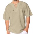 thumbnail image 4 of Hombres Camiseta con Cuello en V Correa Cruzada Manga Corta Color Puro Casual Top de Verano para Uso Diario Beige L, 4 of 8