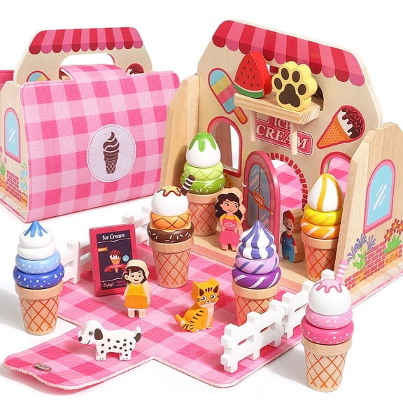 Adofi 39PCS Wooden Play Ice Cream Toys Set, Pretend Play Food for Kids 3-5 Girls Boys, Birthday Gift for Boys Girls