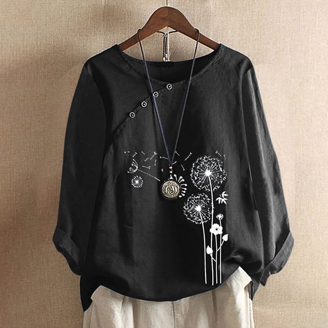 Jsaierl Chemises en Lin pour Femmes Hauts en Coton et Lin à Col Rond Blouses Tendance à Boutons Graphiques Grande Taille Chandail à Manches Longues d'Automne Décontracté Confortable
