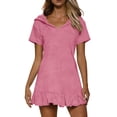 thumbnail image 5 of RongHuan Sundresses Womens Summer Casual Hooded Short Sleeve Mini Dress Cute Vacation Going Out Solid Ruffle Hem Dresses, 5 of 10