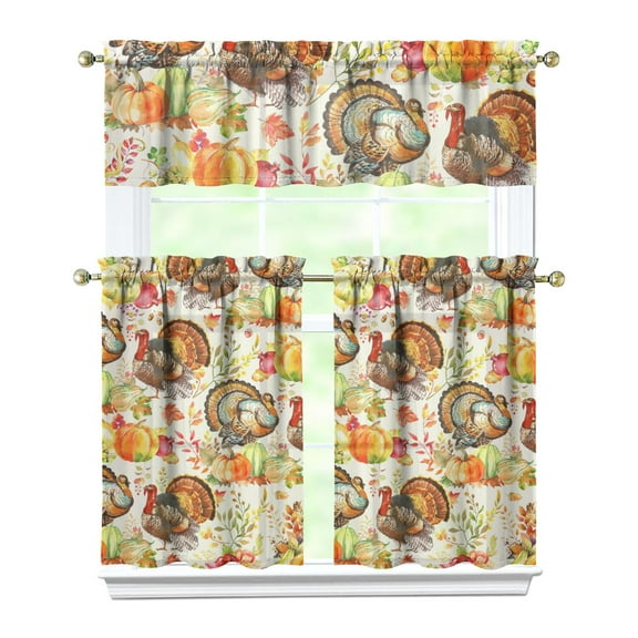 Fall Kitchen Curtains 36 Inch Short - 3 Panel Set, Autumn Harvest Print, Rod Pocket Window Treatment for Thanksgiving, Farmhouse, Cafe, Living Room - Machine Washable