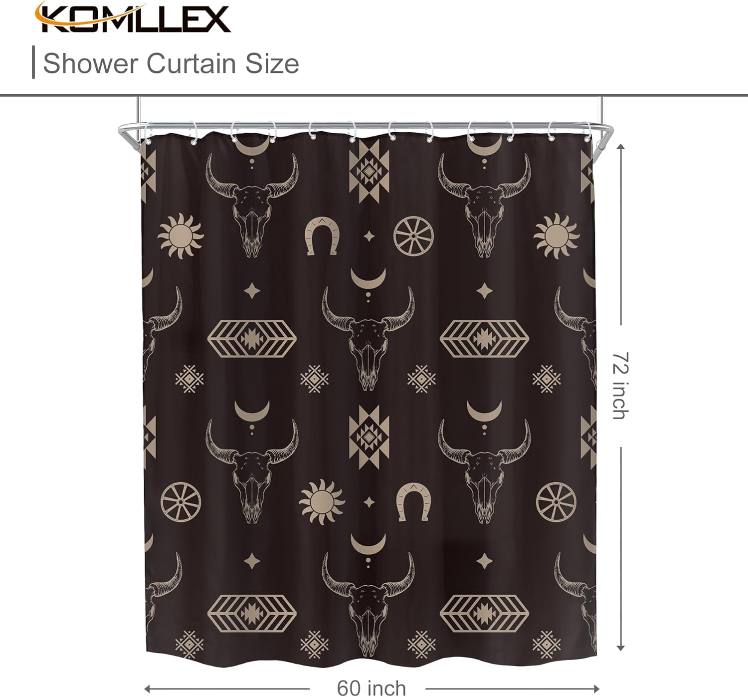 Western Bull Skull Shower Curtain for Bathroom Decor 72Wx72H Inches Boho Longhorn Cow Head Southwestern Aztec Tribal Abstract Geometric Retro Black Fabric Waterproof Polyester 12 Pack Hooks