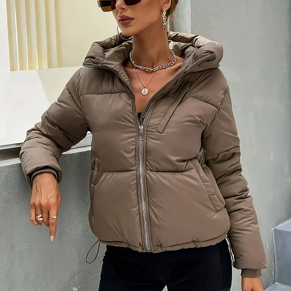 Women's Autumn and Winter Fashion Outdoor Solid Color Zipper Hooded Warm Thick Coat