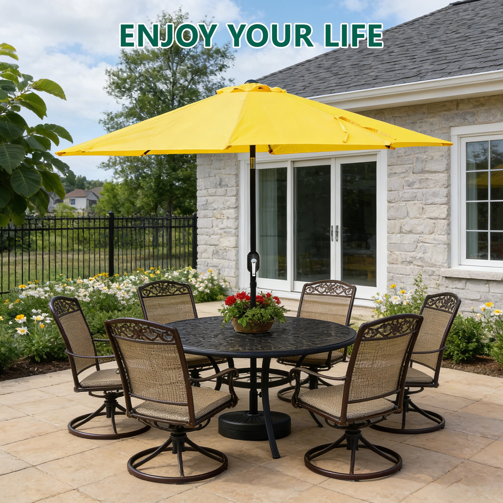 HaiCube 9FT Patio Umbrella -Acrylic Fabric, 10-Year Fade-Resistant, 1.5" Heavy Duty Steel Pole, 8 Ribs, Push Button Tilt & Crank, UV Block for Garden Deck Pool, Yellow