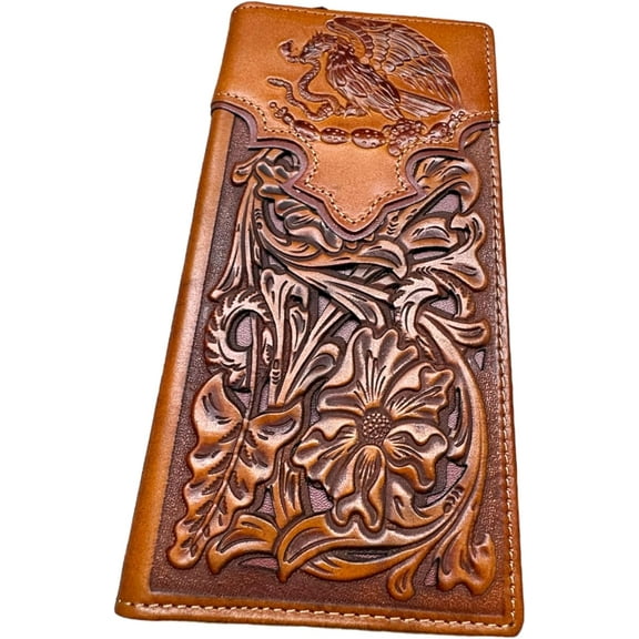 Western Stakes Mens Coat Of Arms Of Mexico Western Leather Long Wallet Floral Cutout Golden Eagle Snake Layered Checkbook Style Mens Wallets Leather Bull Rider Rodeo Gifts For Men (Black & White)