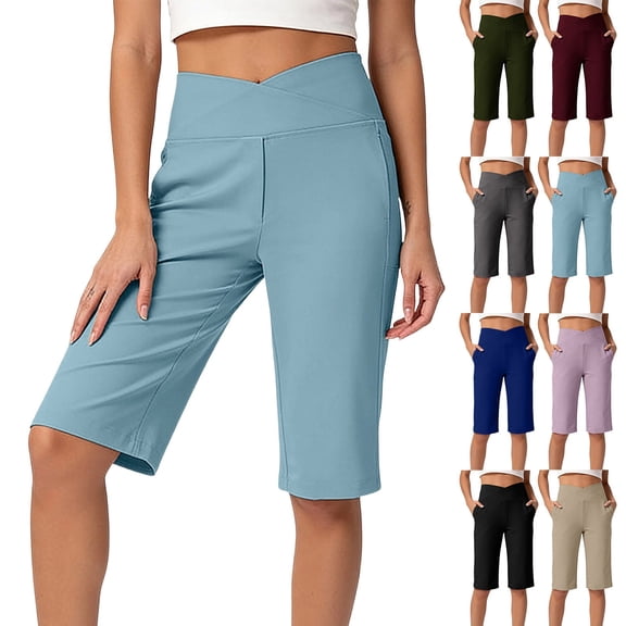 Women's Plus Size Knee‑Length Yoga Shorts, Quick‑Dry Elastic Fabric Side Pockets, Women Capris for Summer for Fitness Outdoor Casual | TruHer,Black L