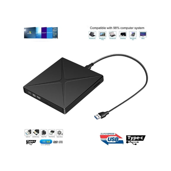 External CD DVD Drive Ultra-Slim Portable External DVD Recorder Player Reader 2 in 1 USB 3.0 and Type-C CD Writer for Laptop MacBook Air Pro Desktop PC Apple Mac Win 11/10/8/XP