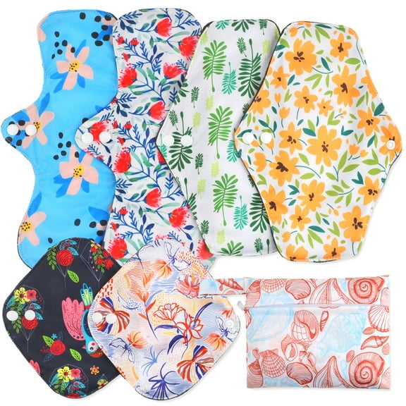 ZOUYUE Bamboo Reusable Sanitary Pads (Stylish Pattern) - Reusable Menstrual Pads | Light Incontinence Pads | Cloth Sanitary Pads - 6 Pack Pads, 1 Cloth Mini Wet Bag