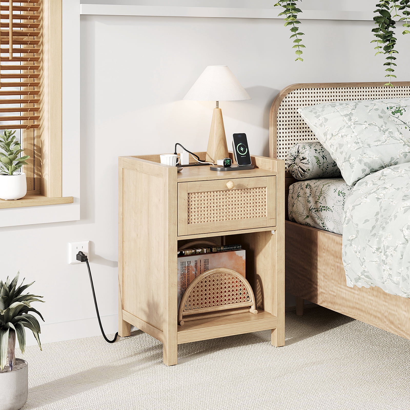 Holliwill Nightstand for Bedroom Set of 2 with Charging Station, Boho Rattan Modern Bedside Tables with Type-C port, USB port, Bed Side Tables End Table - Natural Oak