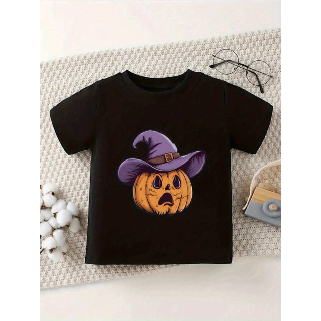 Halloween T-shirt - Black Short Sleeve with Pumpkin & Witch Hat Graphic, Soft Stretchy Knit Fabric, Round Neck Casual Top for Birthdays, Easter, Mother'S Day, Father'S Day, Thanksgiving