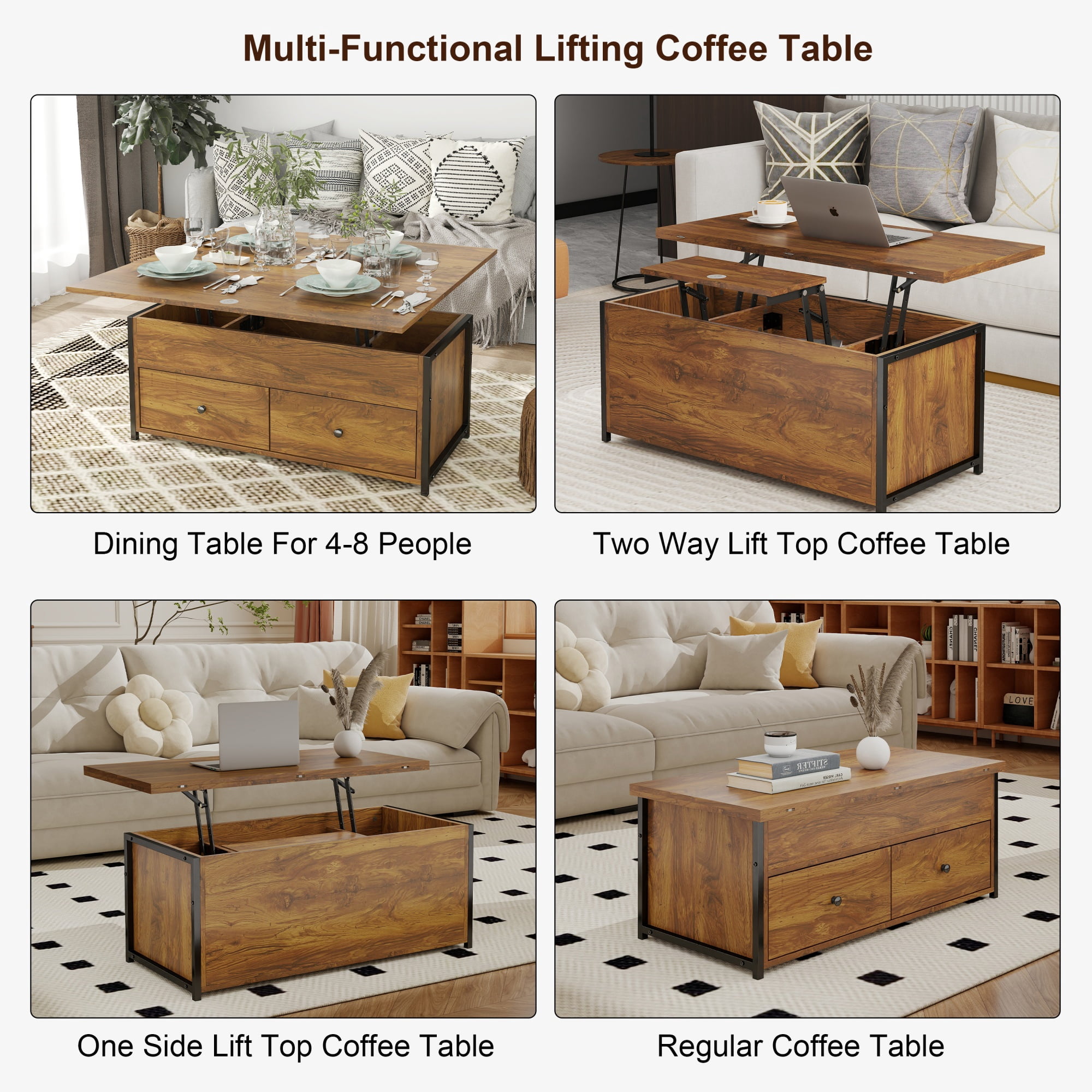 Manora Lift Top Farmhouse Storage Coffee Table with 2 Drawers, Brown
