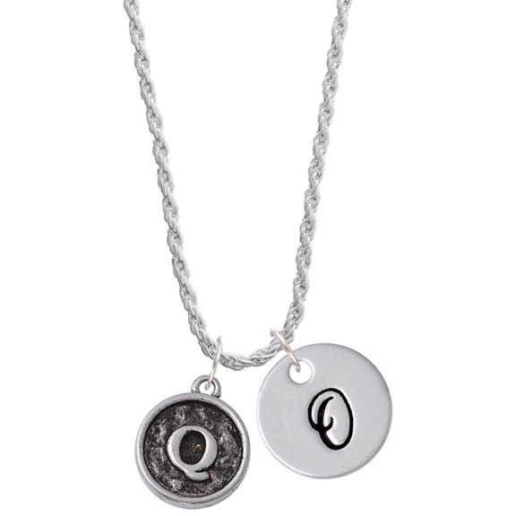 Delight Jewelry Silvertone Antiqued Round Seal - Initial - Q - Silvertone Script Initial Disc - O - Charm Necklace, 20"+3"