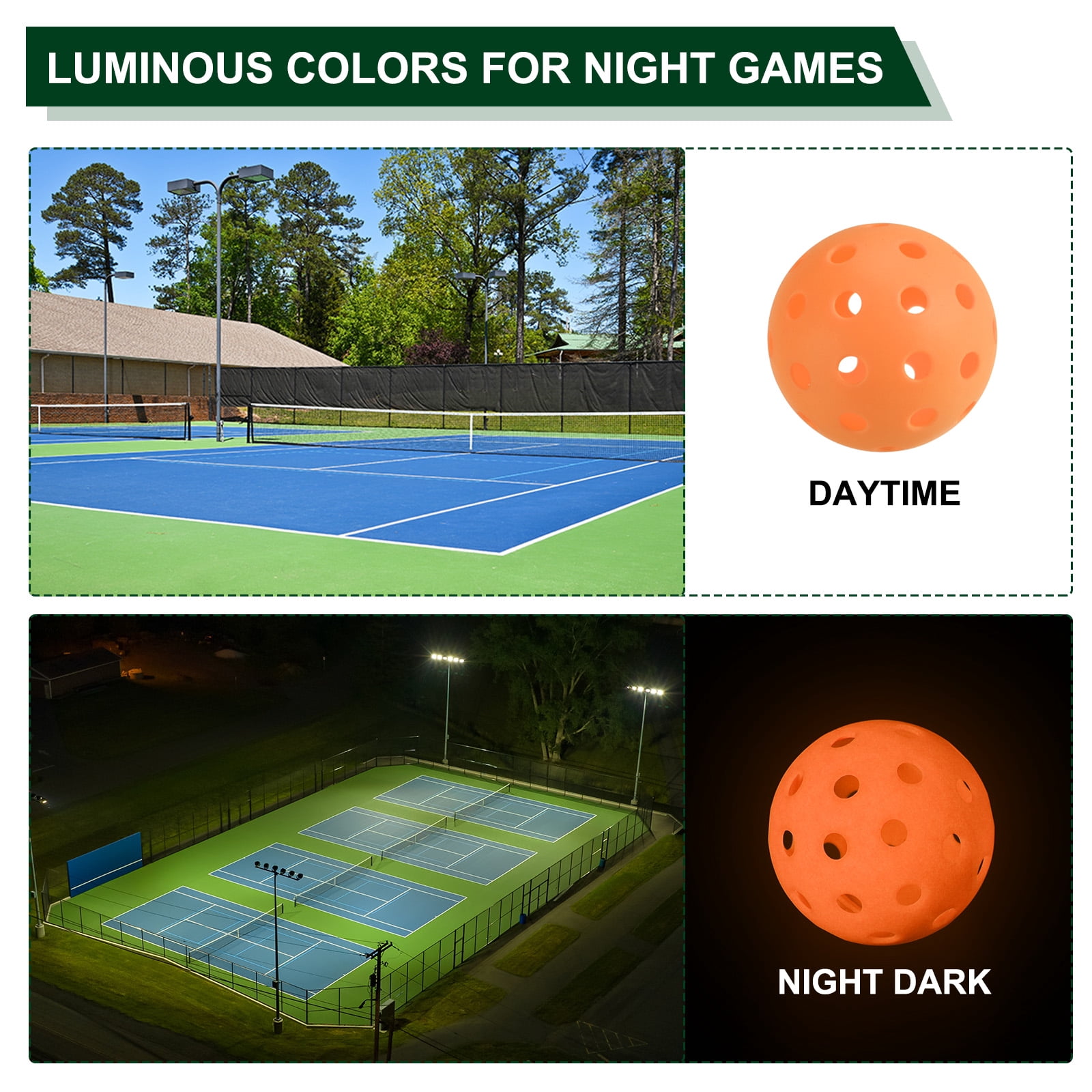 Luminous Pickleball Balls 40 Holes Glow in the Dark Pickleball Balls with Mesh Bag Orange,White, 6 Pack