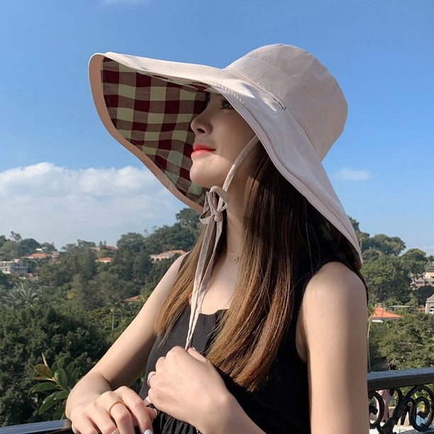 Xiao Hua Sombrero de pescador para mujer, de algodón a cuadros, plegable, reversible, de verano, color beige