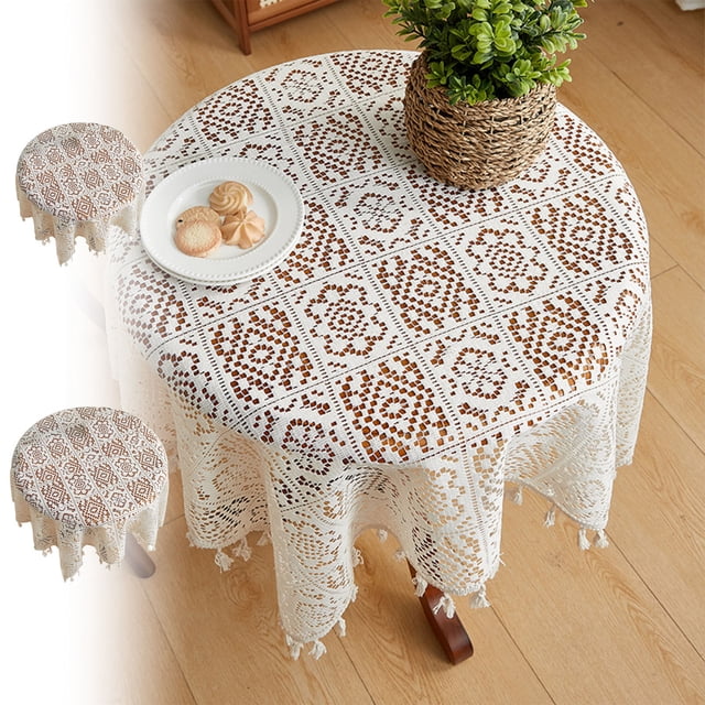 SSZMDLB 2Pcs Vintage Crochet Tablecloth, Lace Polyester Table Mat Round Dining Table Decoration for Wedding Home Party, Beige Table Cover
