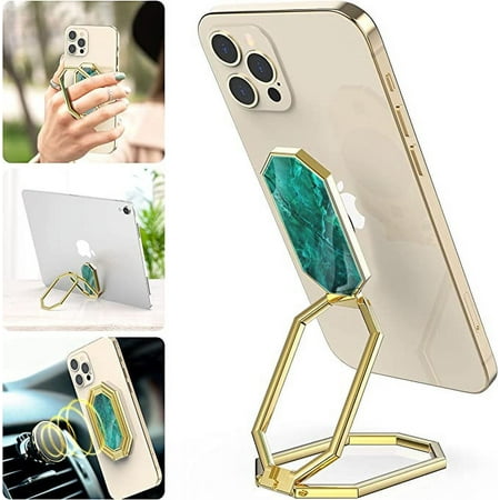 Cell Phone Ring Holder Finger Kickstand, Foldable Phone Ring Stand 360 Rotation Metal Back Grip Holder Work with Magnetic Car Mount, Compatible with iPhone Samsung Tablets Gold