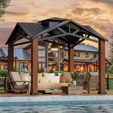 Richryce 12  x 12  Hardtop Gazebo  Outdoor Thicker Wood Looking Aluminum Gazebos with Ventilated Galvanized Steel Roof for Patio  Backyard  Deck and Lawns