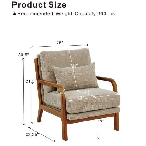 Wooden Lounge Chair with Solid Wood Armrests, Mid-Century Modern Single Sofa for Living Room, Bedroom, Balcony, Office, Camel