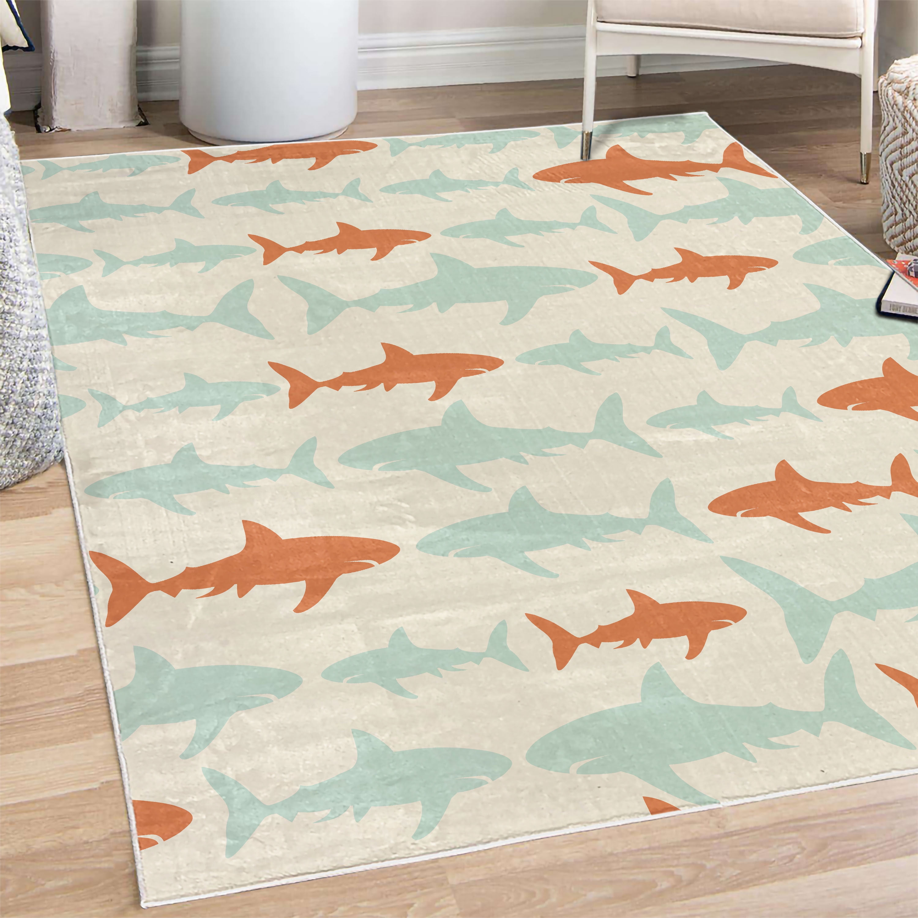 Aquatic Rug Sea Animals Decorative Rug, Monochrome Shark Illustration Fashion ...