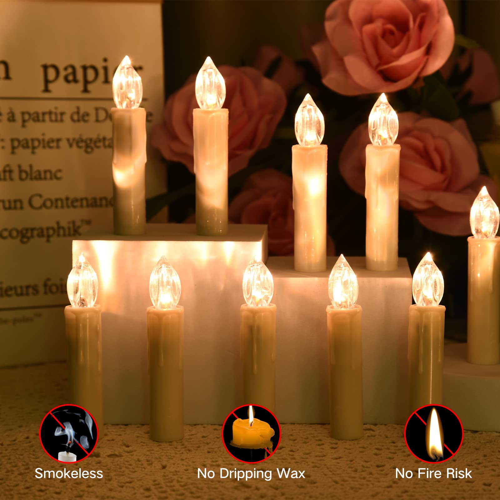 TETOU Flameless Candles Christmas Tree Decor Led Flickering Lights Battery Operated with Remote Timer/Clips Christmas Trees Decor