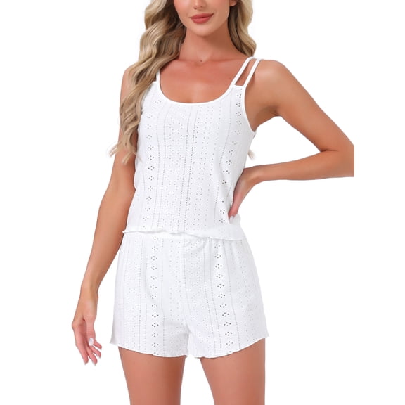 INSPIRE CHIC Women's Pointelle Pajama Sleepwear Solid Camisole Tops with Shorts Double Strap Loungewear Sets M White