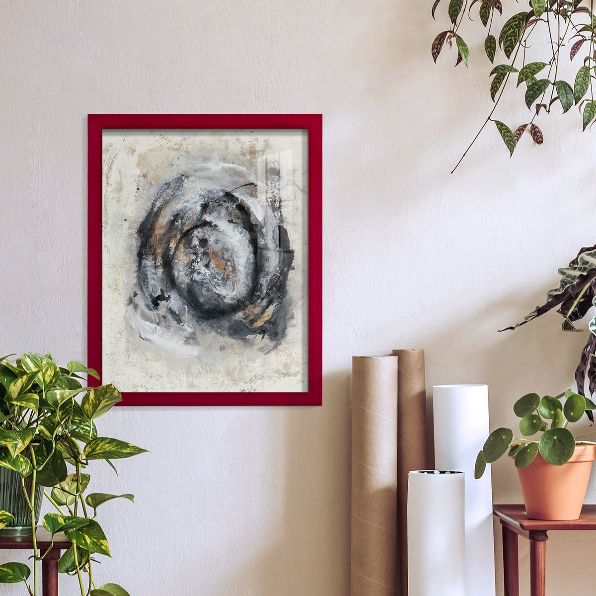 Circular Energy IV -Framed Print w/glass-Cherry Red