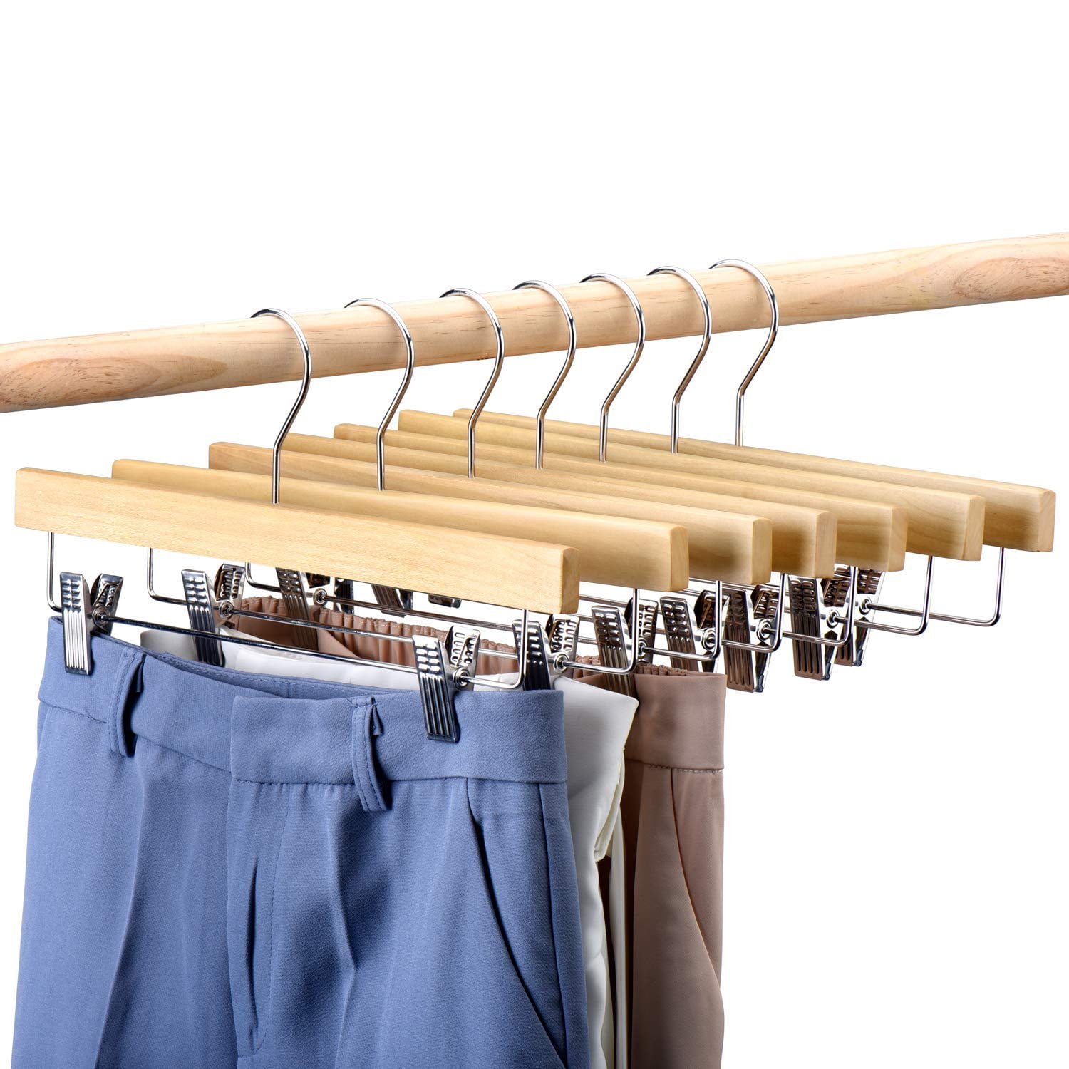 ACSTEP Wooden Pants Hangers with Clips 25 Pack 14 Inch, Wood Skirt Hangers for Women, Solid Wood Pants Hangers with 360 Swivel Hook - Natural
