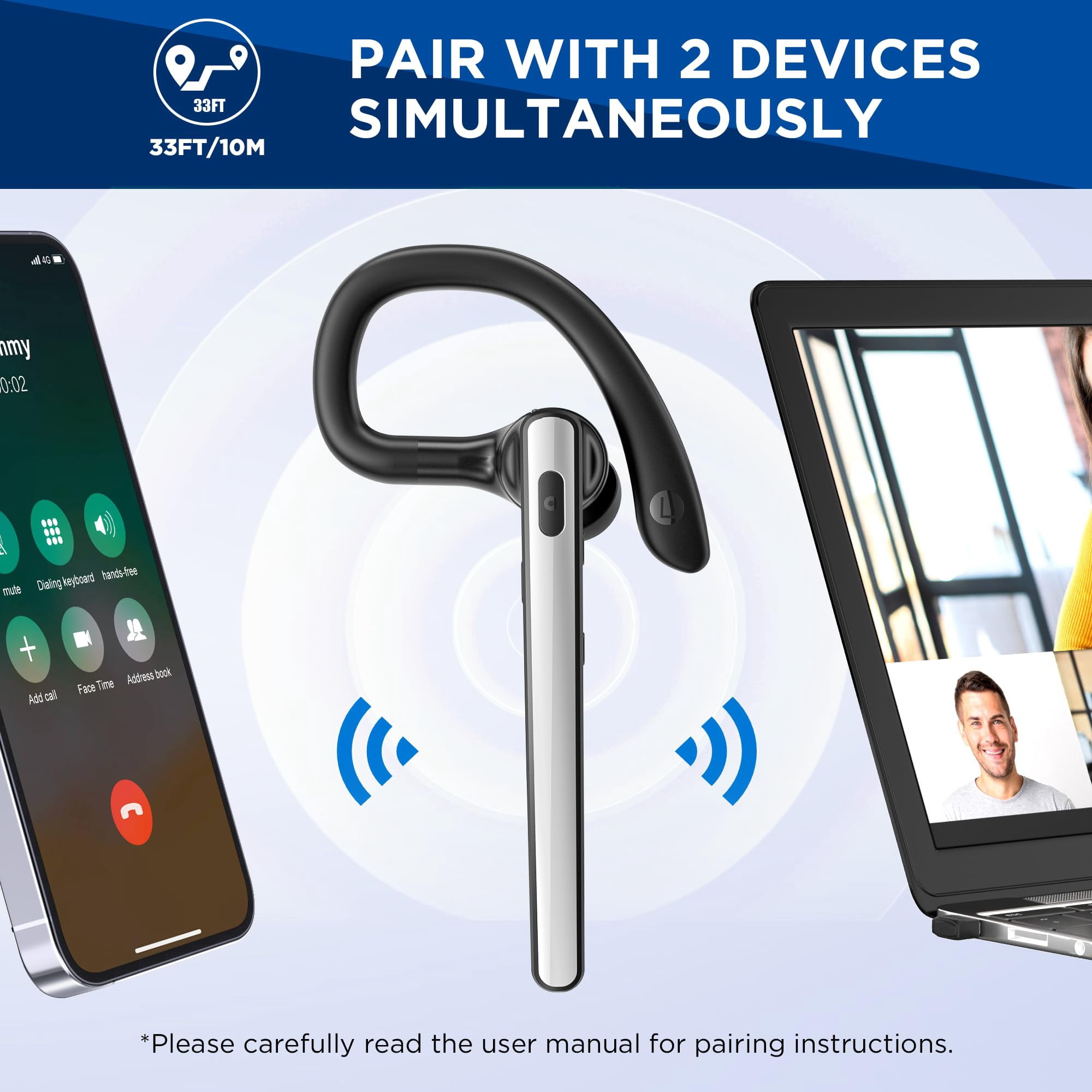 TERUNSOUl Bluetooth Headset V5.3 w/ 600mAh Case 110H Playtime, Mic