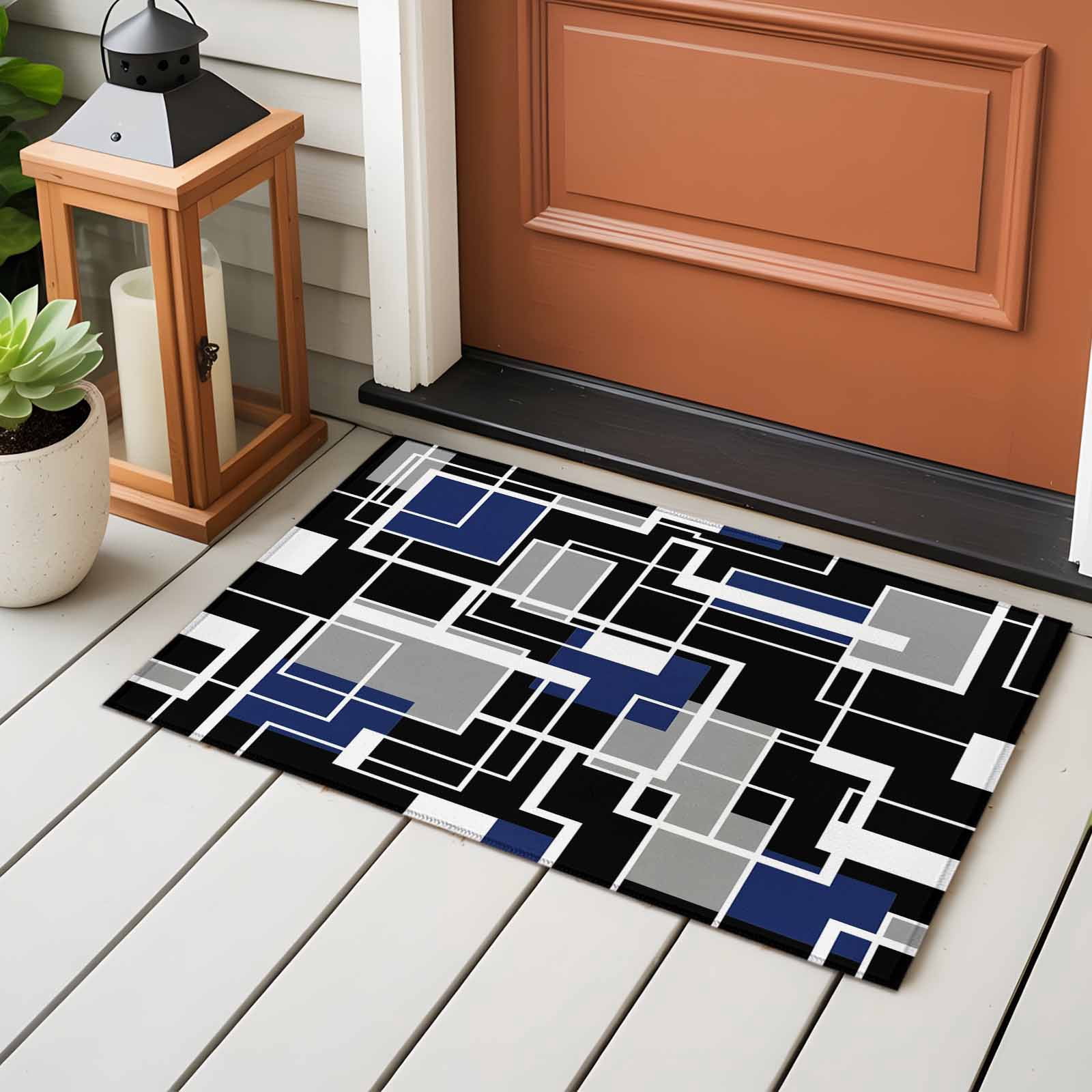 Navy Blue Black Geometric Entryway Rug 2'x3'&nbsp; Non Slip Front Door Mats, Modern Color Block Abstract Entrance Rugs Indoor Outdoor Carpet, Washable Floor Mats Small Area Rug for Bedroom Kitchen
