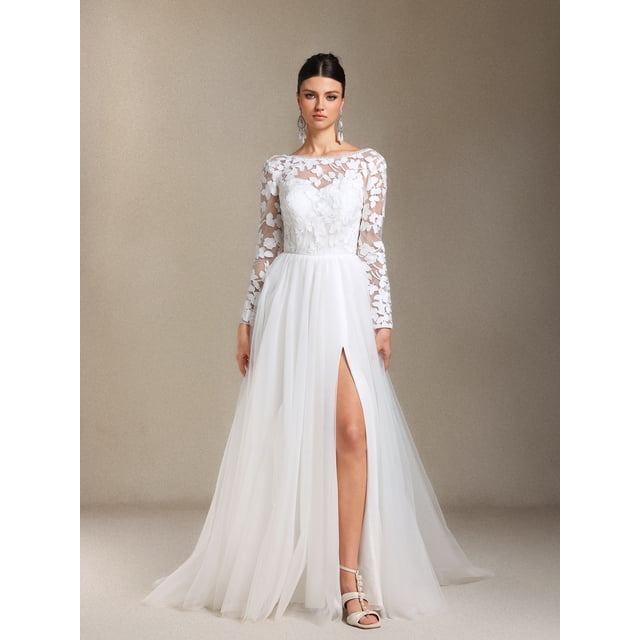Vestido de novia Gilda Maxi de manga larga con encaje y malla