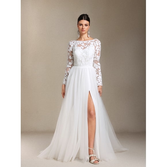 Vestido de novia Gilda Maxi de manga larga con encaje y malla