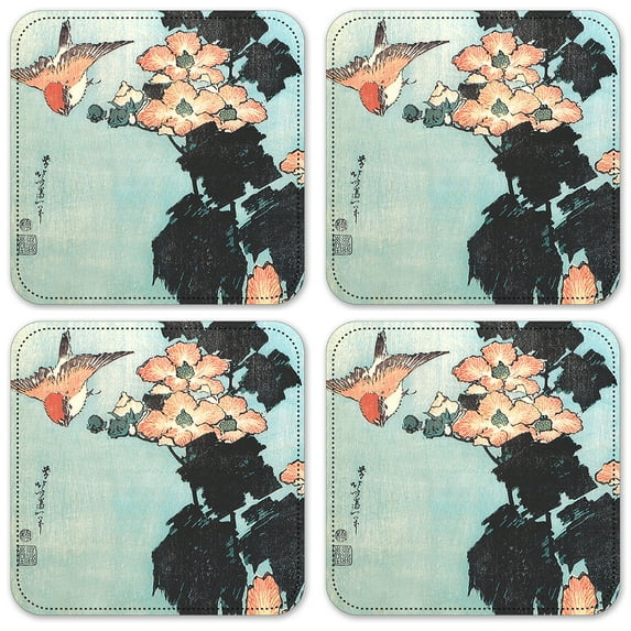 Vinyl Drink Coasters - Set of 4 - Hokusai: Hisbiscus & Sparrow
