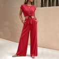 thumbnail image 5 of Women's Summer 2 Piece Outfits 2026 Cap Sleeve V Neck Belted Crop Tops Wide Leg Pant Sets Casual Tracksuit, 5 of 6