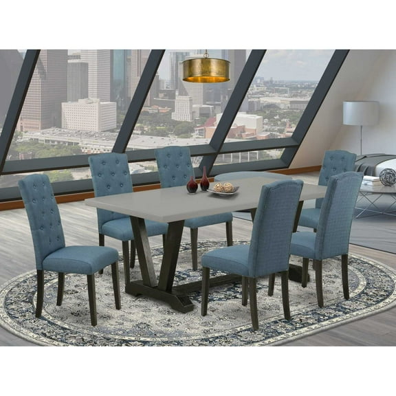 East West Furniture V-Style 7-piece Wood Dining Table Set in Black/Blue