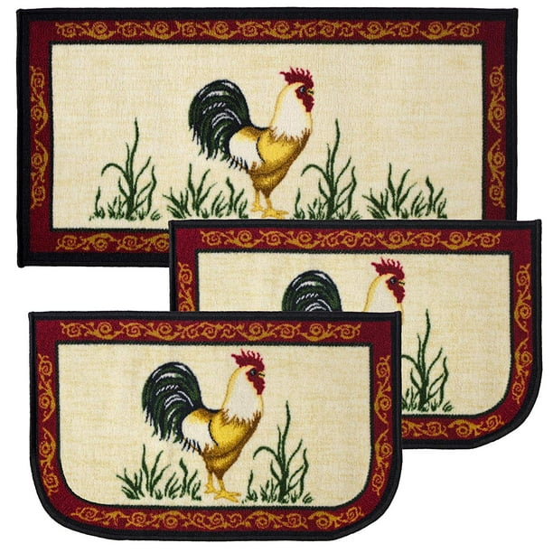 Dot Rooster 3pc Kitchen Rug Set, (2) Slice 18"x30" Rugs, (1) 20"x40