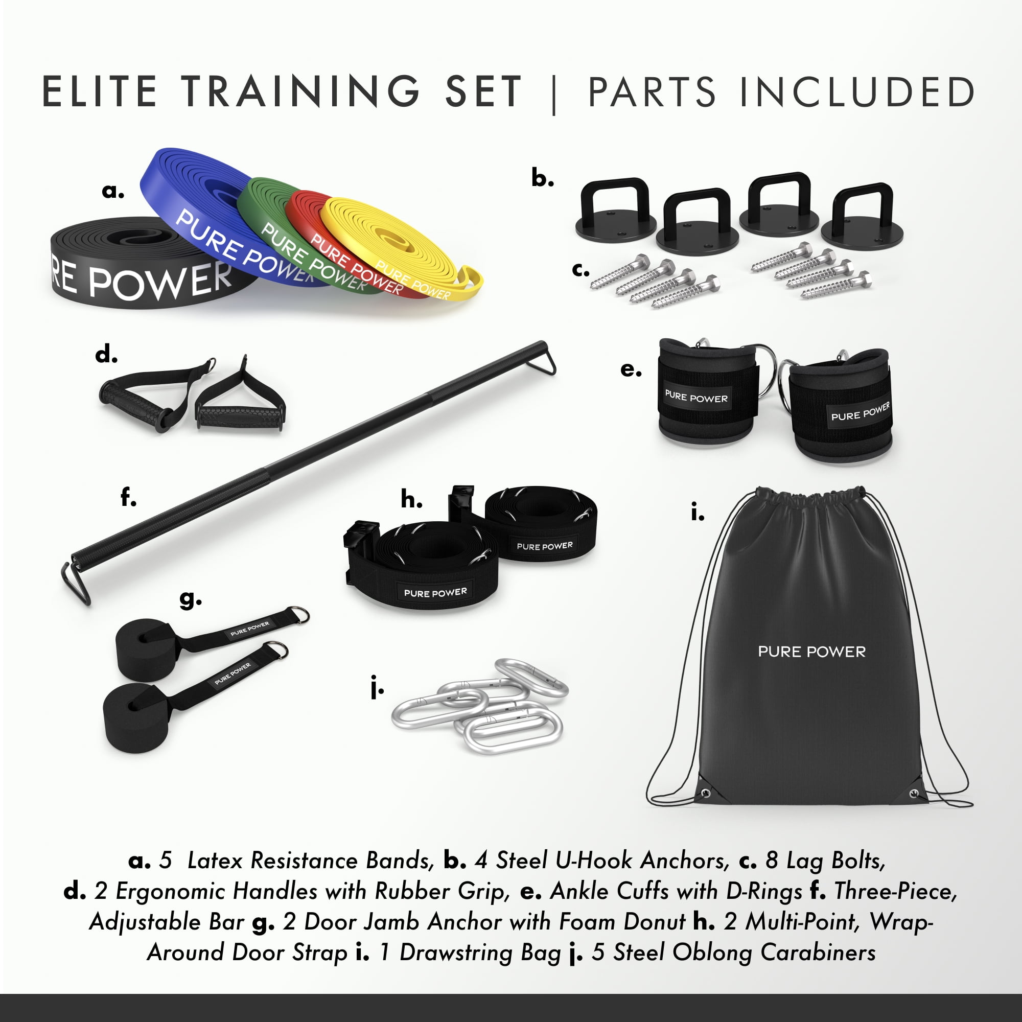 Dr. Mercola Pure Power Resistance Bands - Elite Set, 5 Bands 10-170 lb, 2 Ankle Cuffs, 4 lb. Adjustable Bar.