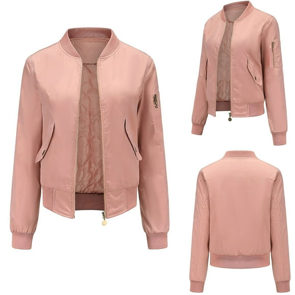 IROINID Women's Leisure Short Jacket Stand Collar Solid Color Bomber Jacket Long Sleeve Outwear, Pink