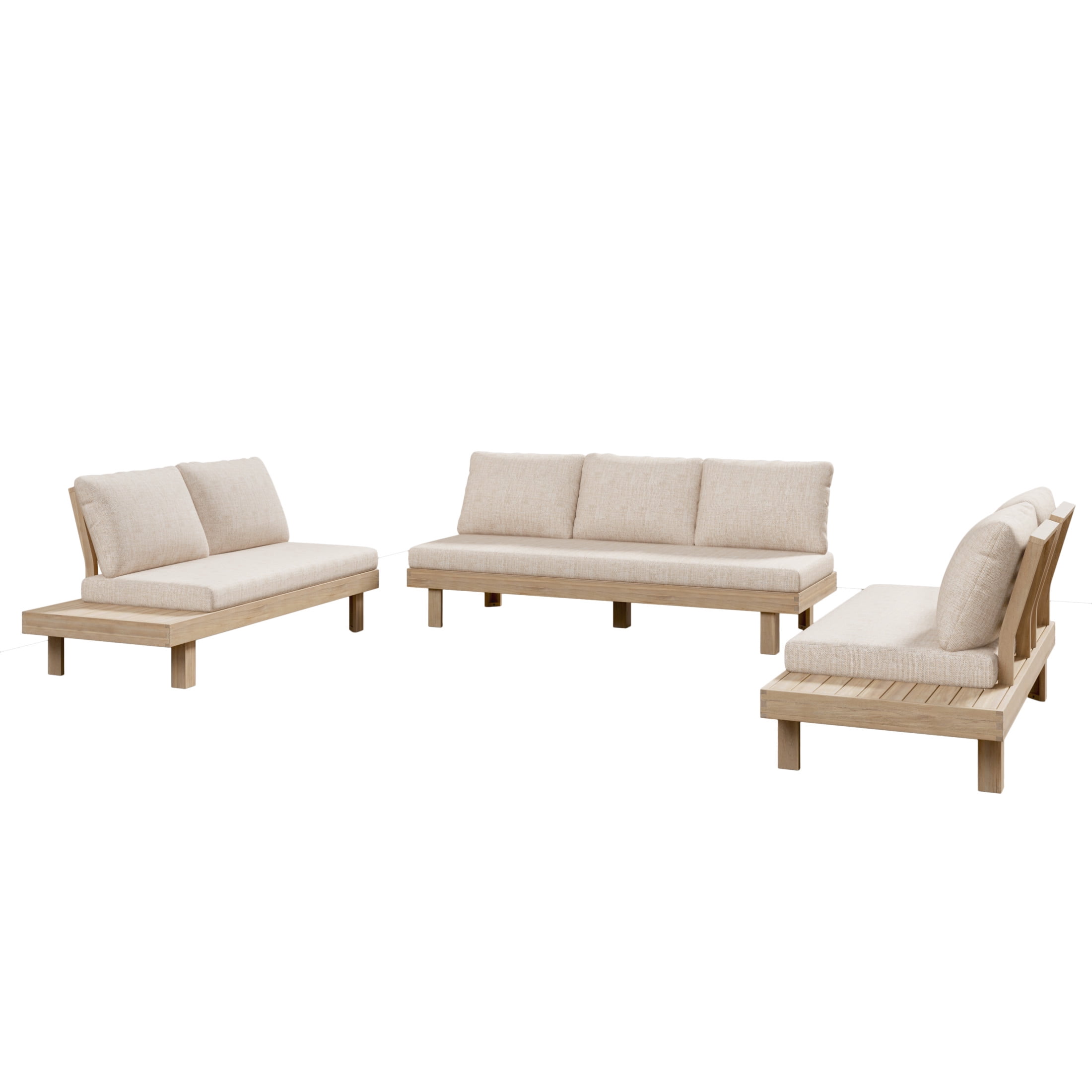 Christopher Knight Home 3-Piece Outdoor Conversation Sectional Set for 7, Wood Frame with Cushions, Light White+Sand