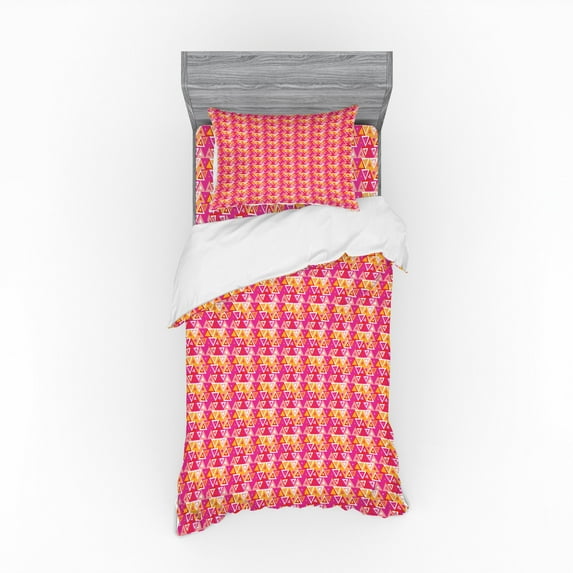 Geometric Duvet Cover Set, Abstract Triangles Pattern with Modern Design Elements Angular Shape Pattern, Bedding Set with Shams and Fitted Sheet, 3 Sizes, by Ambesonne