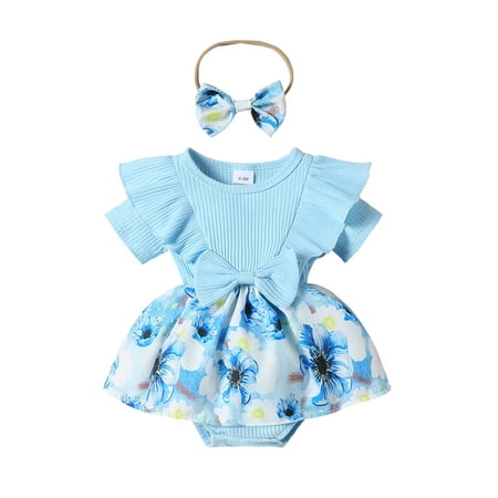 

Infant Baby Girls 2 Piece Outfits Floral Short Sleeve Ribbed Romper Dress with Cute Headband Set