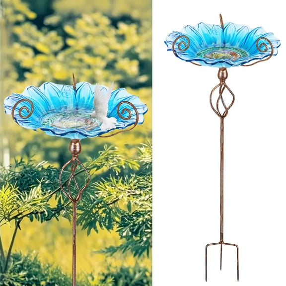 Bird Baths - Outdoors Sunflower Glass Birdbaths Outdoor Garden Birdfeeder with Metal Stake Bowl with Stake for Garden Yard Decor Blue