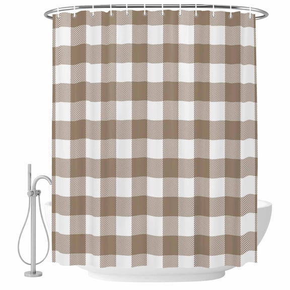 Light Brown Buffalo Check Plaid Fabric Shower Curtain Farmhouse Style Washable Shower Curtains for Bathroom, Waterproof Bath Curtain with Hooks Home Decor 36x72in